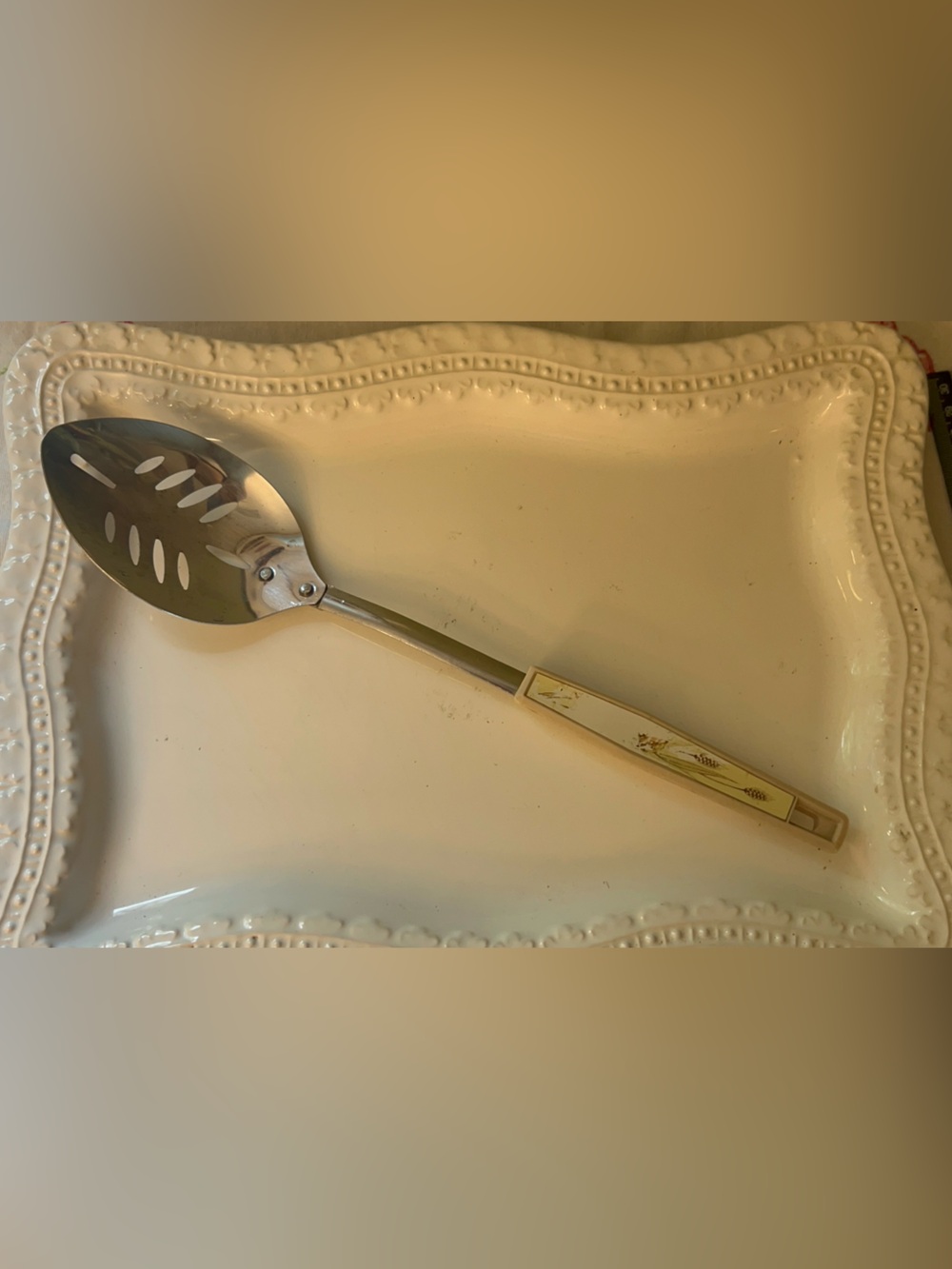 Vintage KOCO Japan Stainless Steel Slotted Spoon Cream handle with Wheat Pattern